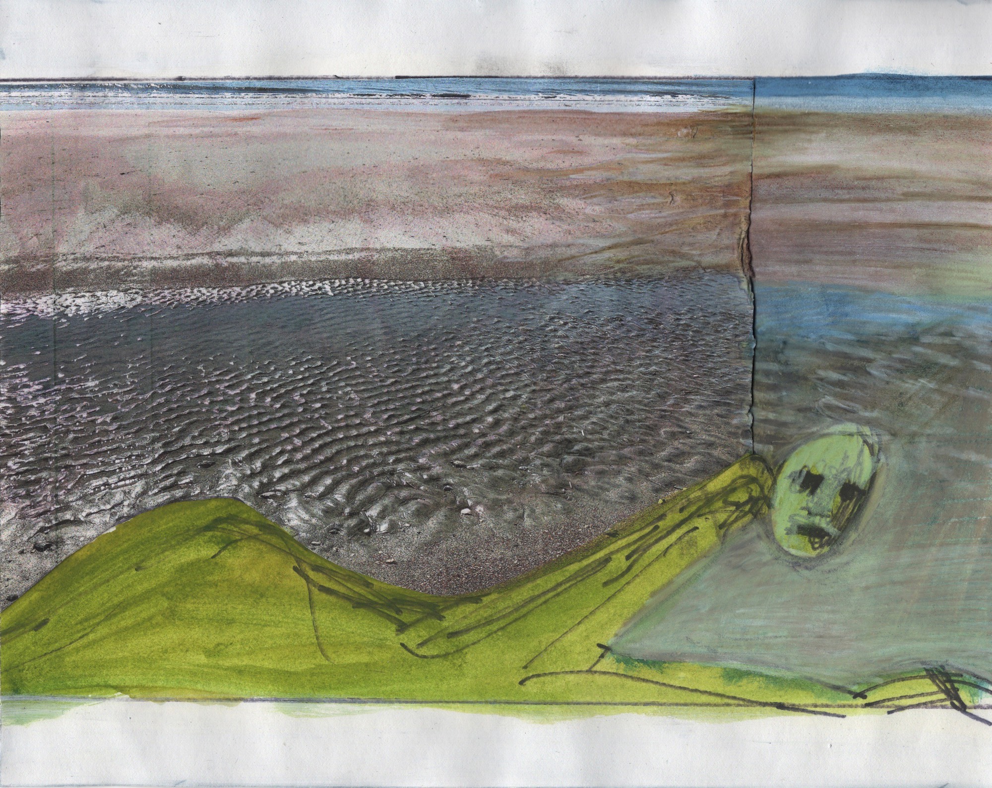 Mixed-media drawing of a figure in a yellow-green garment lying on a rippled beach