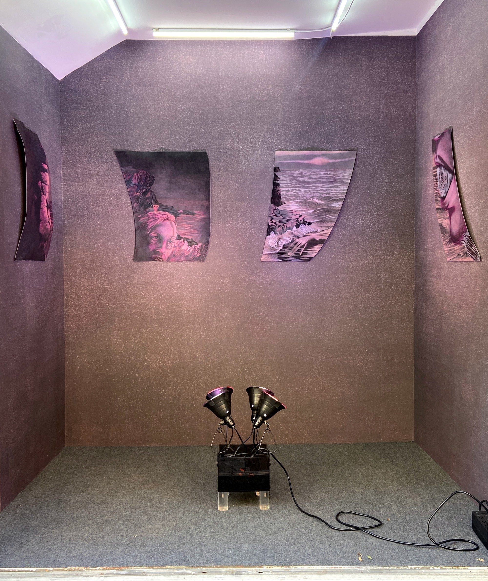 Installation view of What On Earth, with drawings on the walls and two floor lamps